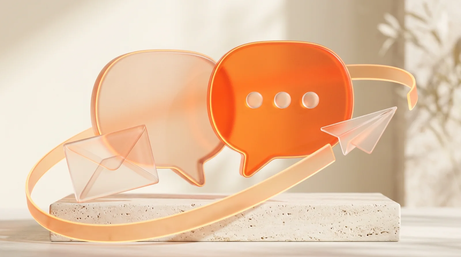 Glass speech bubbles, an envelope and a paper plane on a glowing trail