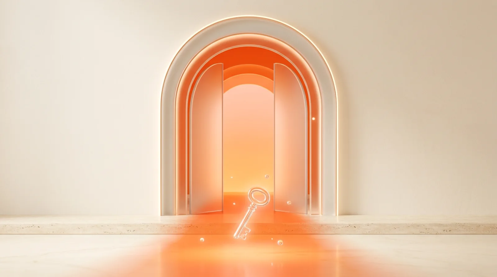 A glass arched doorway glowing orange with a glass key at its threshold