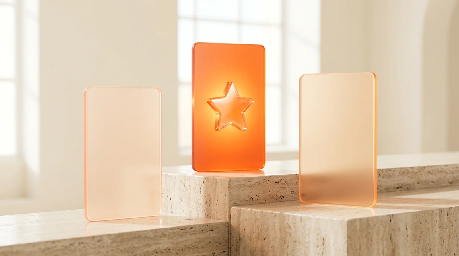 Three glass plan cards on stone steps, the middle one glowing orange with a star